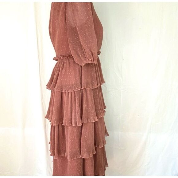 English Factory Size L Tiered Ruffled Midi Dress Mauve Brown Swiss Dot Flouncy - Picture 8 of 16